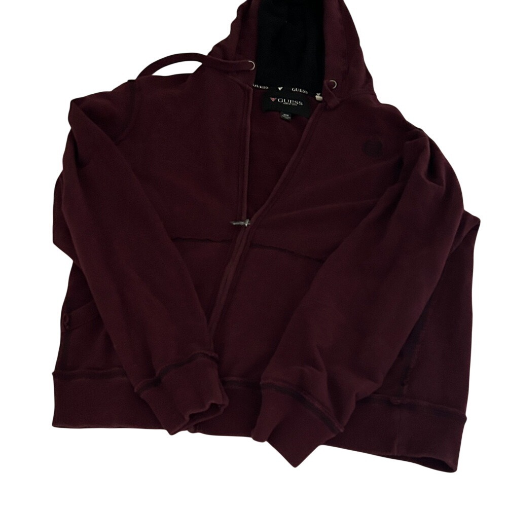 Guess Burgundy Full‎ Zip Hoodie Sweatshirt Men's Medium Classic Logo Crest